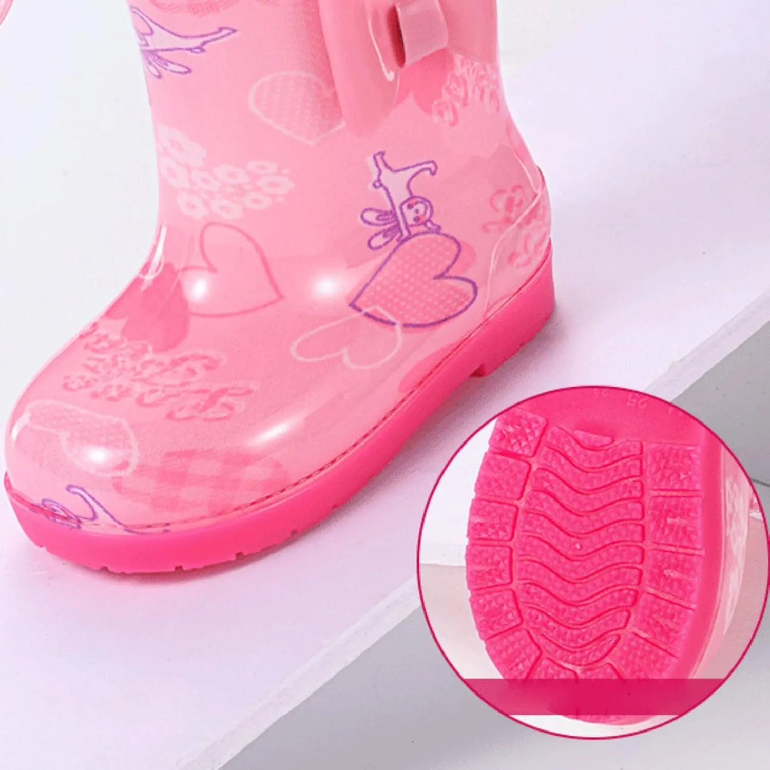 Toddler Kids Rain Boots Boys Girls Cute Printed Waterproof Anti-Slip Rainboot Easy On Outdoor Shoes with Handles