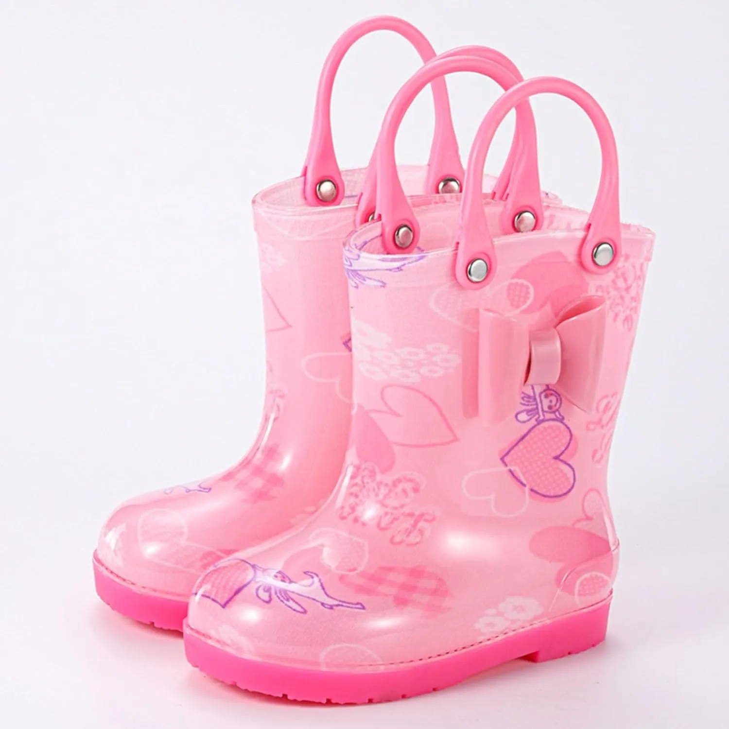 Toddler Kids Rain Boots Boys Girls Cute Printed Waterproof Anti-Slip Rainboot Easy On Outdoor Shoes with Handles