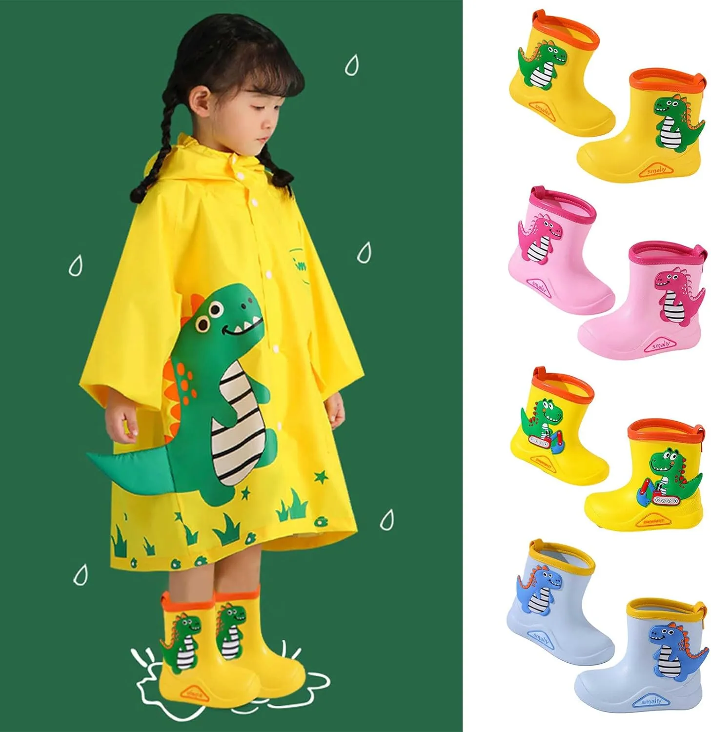 Toddler Rain Boots Little Boys Girls Cute Cartoon Dinosaur Excavator Waterproof Lightweight Anti-Slip Ankle Rainboots