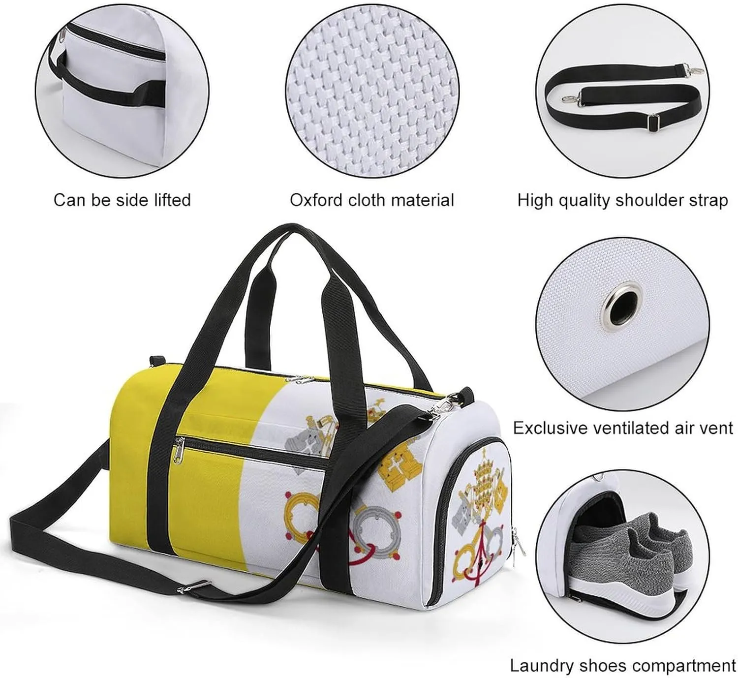Vatican Flag Travel Gym Bag for Boys Girls Shoe Compartment Waterproof