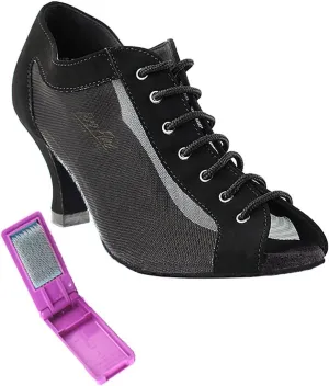 Very Fine Dance Shoes - Ladies Latin, Rhythm, Salsa, Waltz Ballroom Dance Shoes - 1643-2.5-inch Heel and Foldable Brush Bundle - Black Nubuck - Black Mesh - 5.5