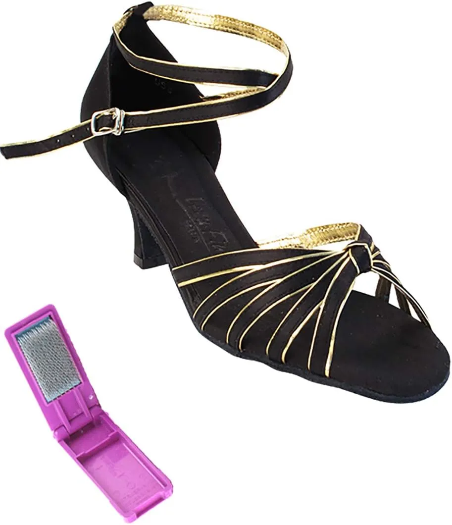 Very Fine Dance Shoes - Ladies Practice, Cuban Low Heel Ballroom Dance Shoes - SERA7043-2.5-inch Heel and Foldable Brush Bundle - Black Satin - Gold Trim - 5