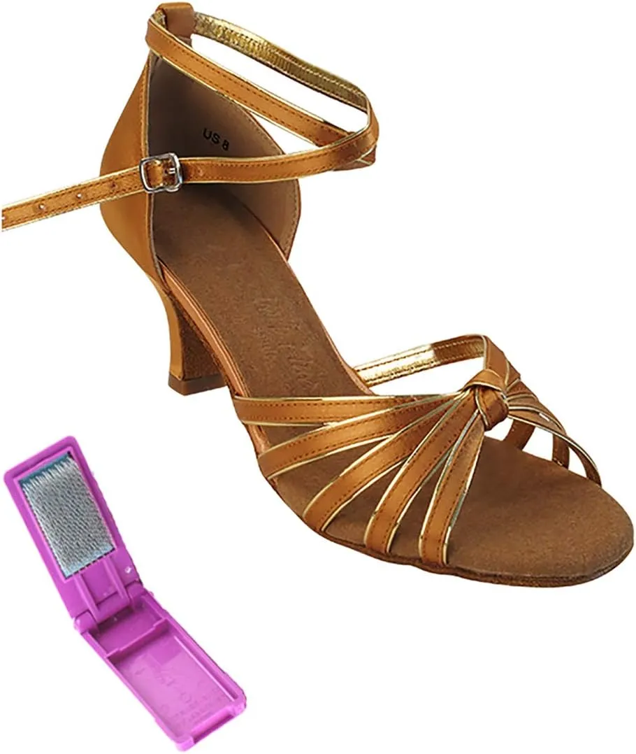 Very Fine Dance Shoes - Ladies Practice, Cuban Low Heel Ballroom Dance Shoes - SERA7043-2.5-inch Heel and Foldable Brush Bundle - Tan Satin - Gold Trim - 9.5