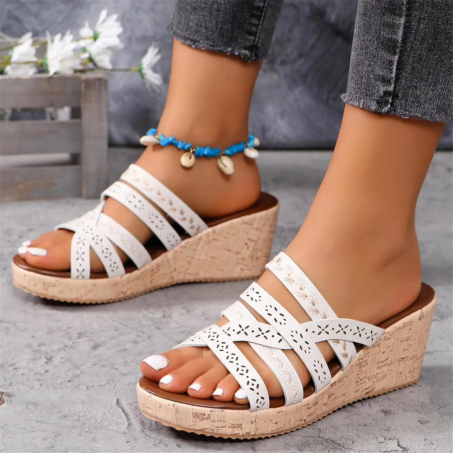 Wedge Sandals for Women 2025 Arch Support Slip Sandals Casual Fish Mouth Open Toe Slip-on Slipper, Hollow Platform Slides Slippers Fashion Comfortable Beach Wedge Slippers