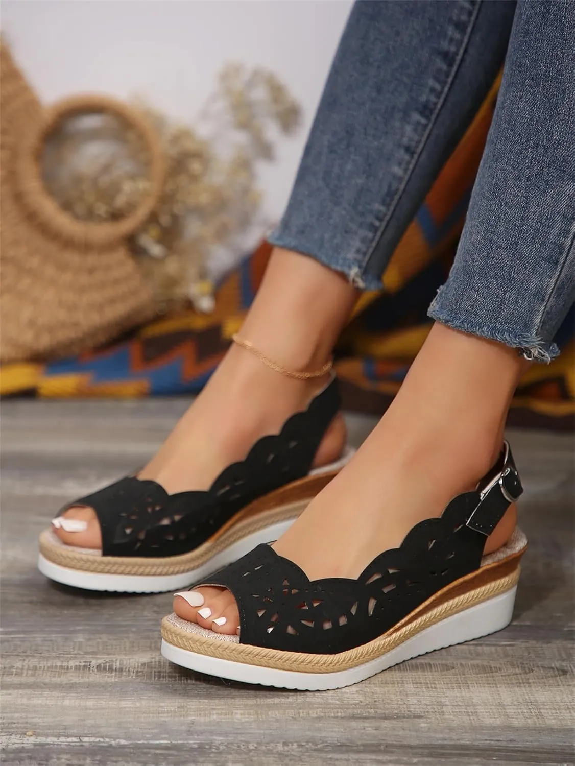Wedge Sandals for Women Summer Open Toe Espadrilles Sandals, Fashion Hollow Out Fish Mouth Breathable Shoes Ankle Strap Slip on Orthopedic Platform Wedges All Day Comfort