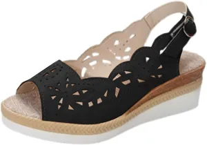 Wedge Sandals for Women Summer Open Toe Espadrilles Sandals, Fashion Hollow Out Fish Mouth Breathable Shoes Ankle Strap Slip on Orthopedic Platform Wedges All Day Comfort