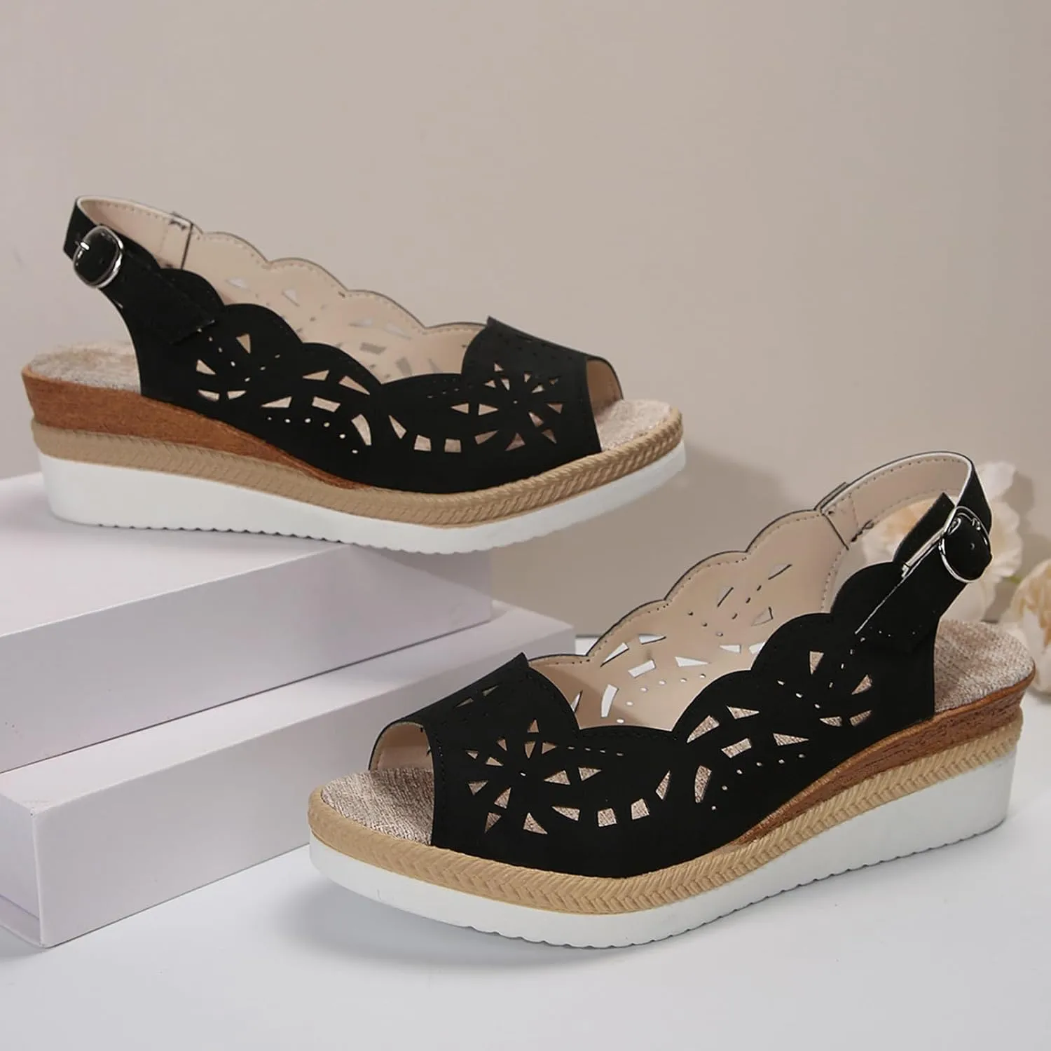 Wedge Sandals for Women Summer Open Toe Espadrilles Sandals, Fashion Hollow Out Fish Mouth Breathable Shoes Ankle Strap Slip on Orthopedic Platform Wedges All Day Comfort