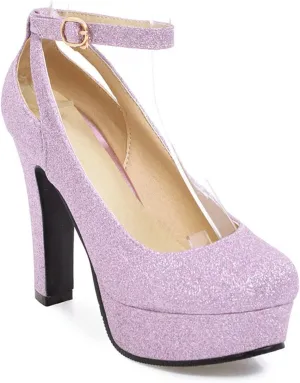 WOilERQ Womens Ankle Strap Evening Platform Pumps Sequins Dress Buckle Round Toe Chunky High Heel Pumps Shoes Fashion Nightclub Party Shoes,Purple,34