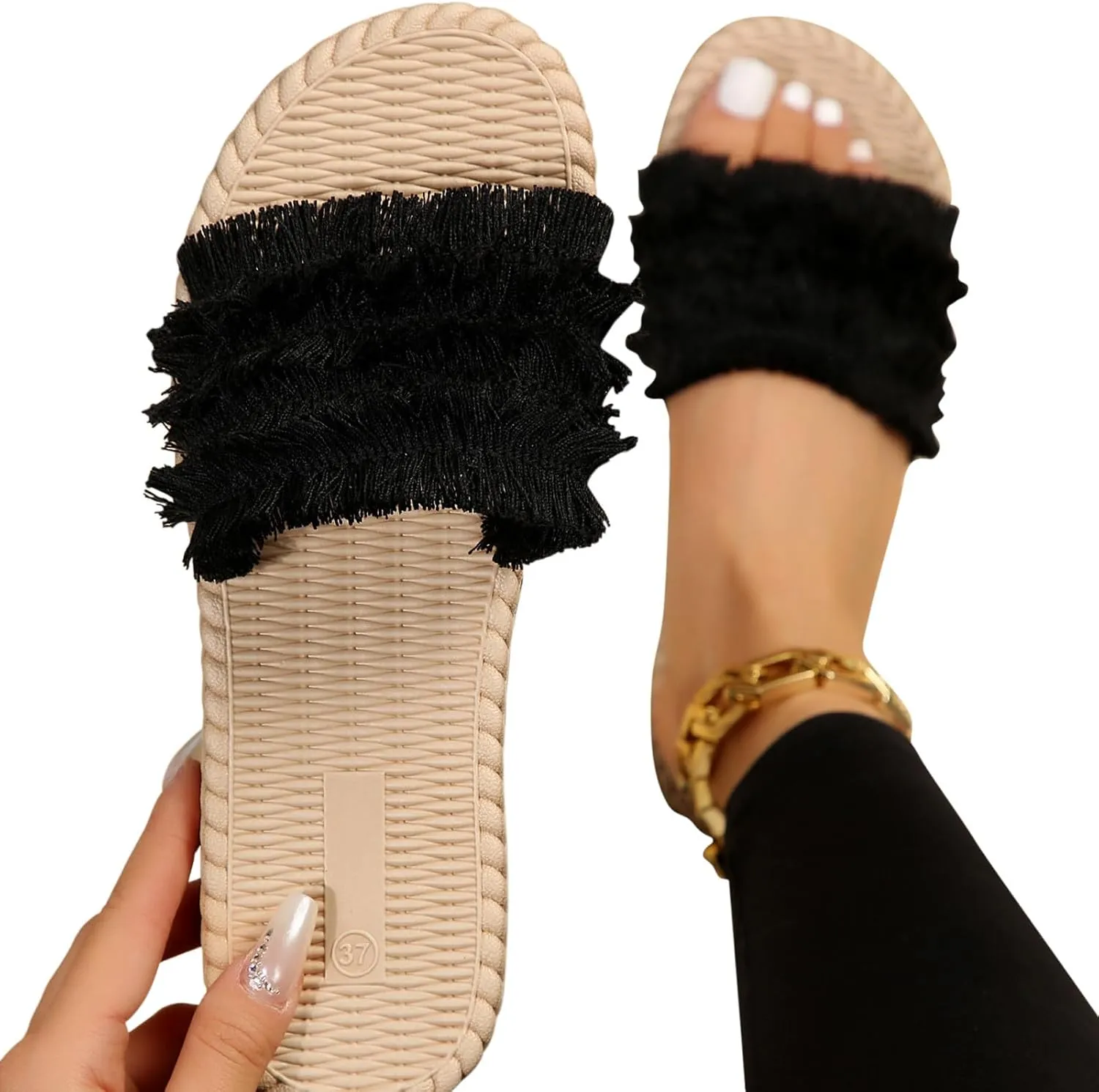 Women Bohemian Fringe Slide Sandals Summer Dressy Slip on Flat Slides Boho Beach Slippers Comfort Sandal for Vacation