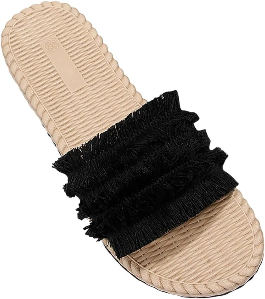 Women Bohemian Fringe Slide Sandals Summer Dressy Slip on Flat Slides Boho Beach Slippers Comfort Sandal for Vacation