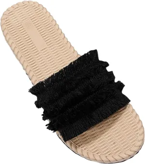 Women Bohemian Fringe Slide Sandals Summer Dressy Slip on Flat Slides Boho Beach Slippers Comfort Sandal for Vacation