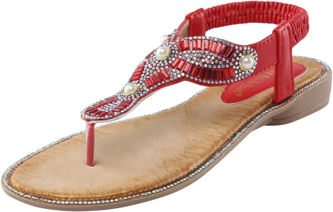 Women Pinch Toe Sandals Rhinestones Flat Summer Boho Rhinestone Shoes Comfort Open Close Toe Sandals