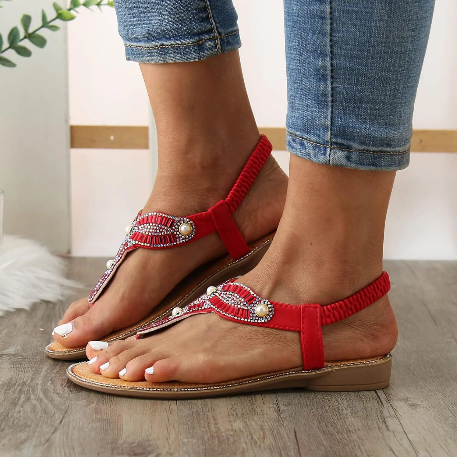 Women Pinch Toe Sandals Rhinestones Flat Summer Boho Rhinestone Shoes Comfort Open Close Toe Sandals