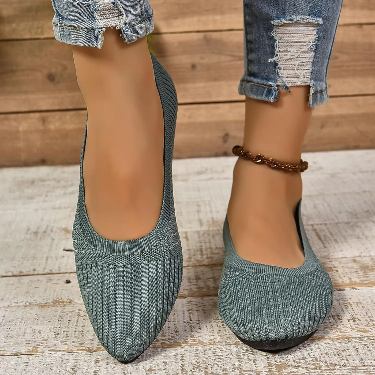 Womens Flats Summer Knitting Walking Shoes Breathable Mesh Loafers Round Toe Slip On Ballerina Walking Flats Shoe