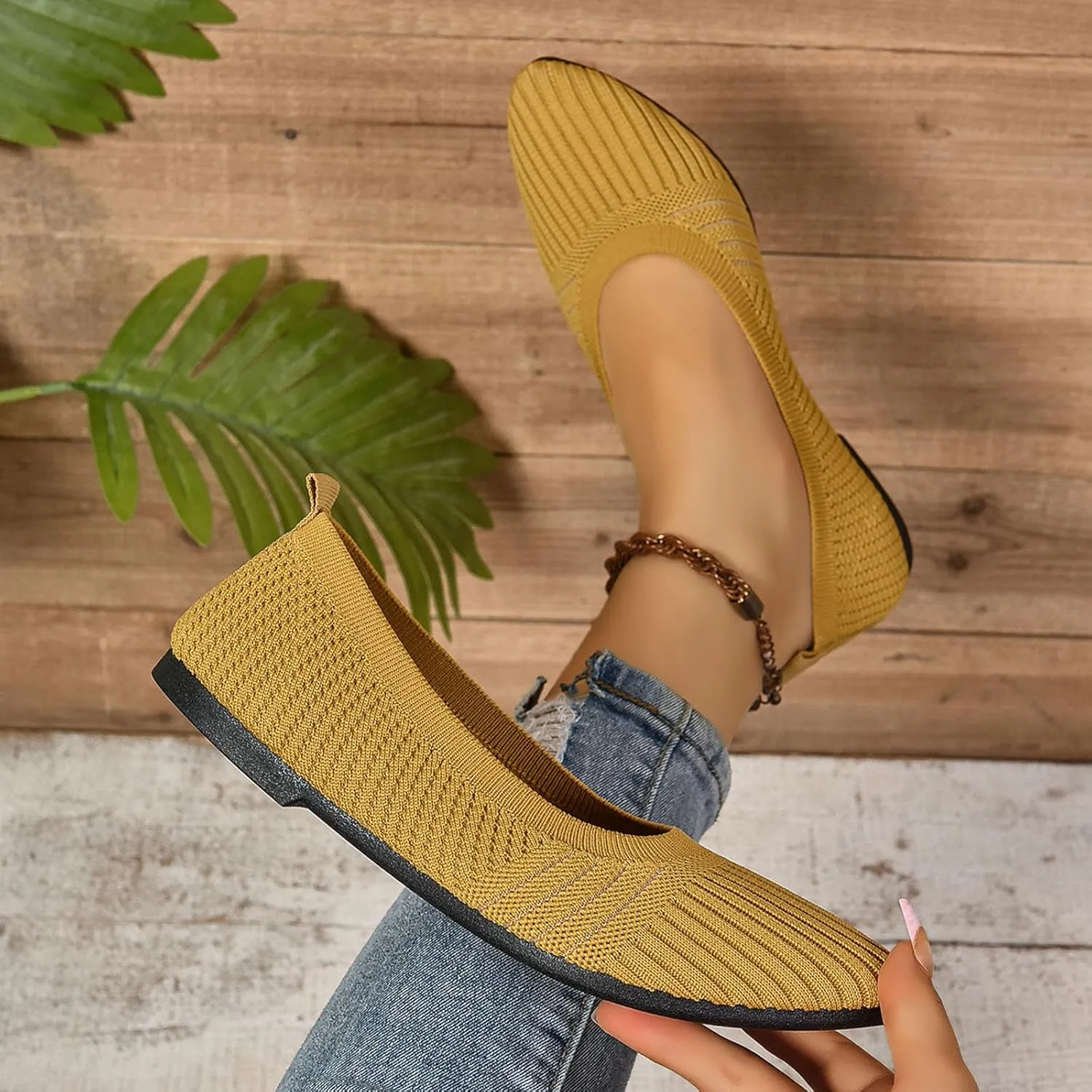 Womens Flats Summer Knitting Walking Shoes Breathable Mesh Loafers Round Toe Slip On Ballerina Walking Flats Shoe