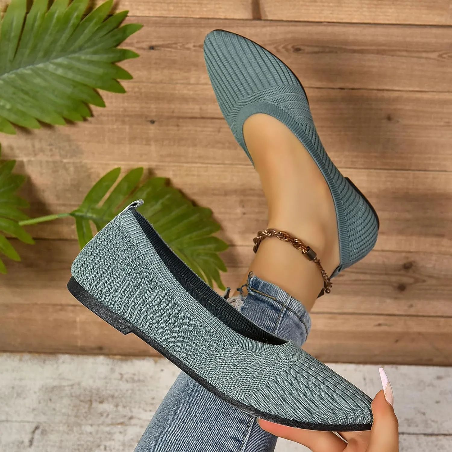Womens Flats Summer Knitting Walking Shoes Breathable Mesh Loafers Round Toe Slip On Ballerina Walking Flats Shoe