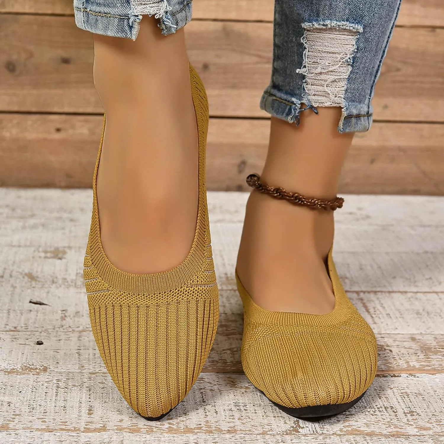 Womens Flats Summer Knitting Walking Shoes Breathable Mesh Loafers Round Toe Slip On Ballerina Walking Flats Shoe