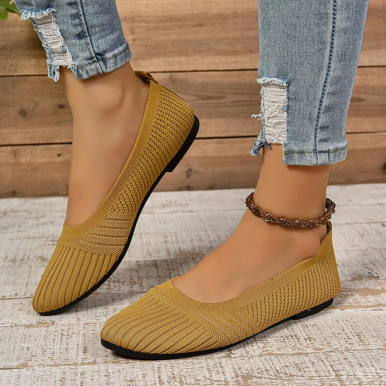 Womens Flats Summer Knitting Walking Shoes Breathable Mesh Loafers Round Toe Slip On Ballerina Walking Flats Shoe