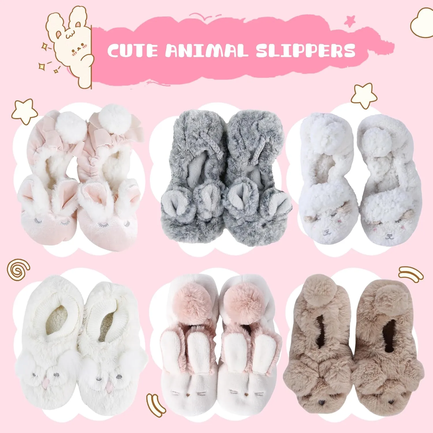 Women's Fuzzy Cute Animal Slippers Fashion Ballerina Non-Slip Flat Indoor House Slippers