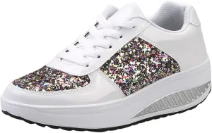Women's Glitter Platform Wedge Sneaker with Arch Support Lace Up Walking Shoes Sparkly Sequin Lightweight Non Slip Casual Sneakers