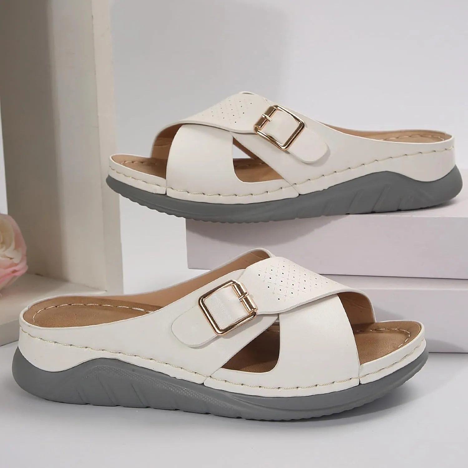 Women's Orthotic Cushion Flip Flops Recovery Walking Sandals for Women Dressy Summer Comfortable Arch Support Slide Open Toe Crisscross Straps Slip on Slippers Metal Plantar Fasciitis Bunion Shoes
