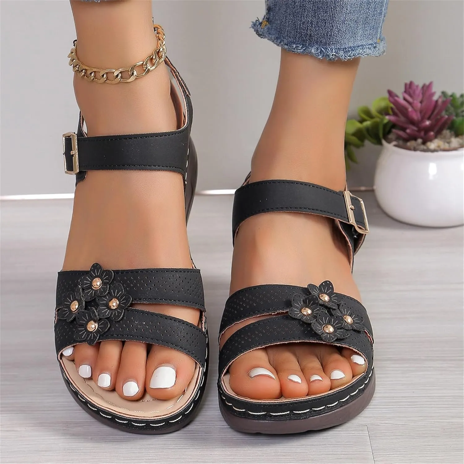 Womens Platform Wedge Sandals With Arch Support Lightweight Foam Slides Adjustable Buckle Summer Beach Casual Comfortable Walking Shoes Orthopedic Shoes for Women