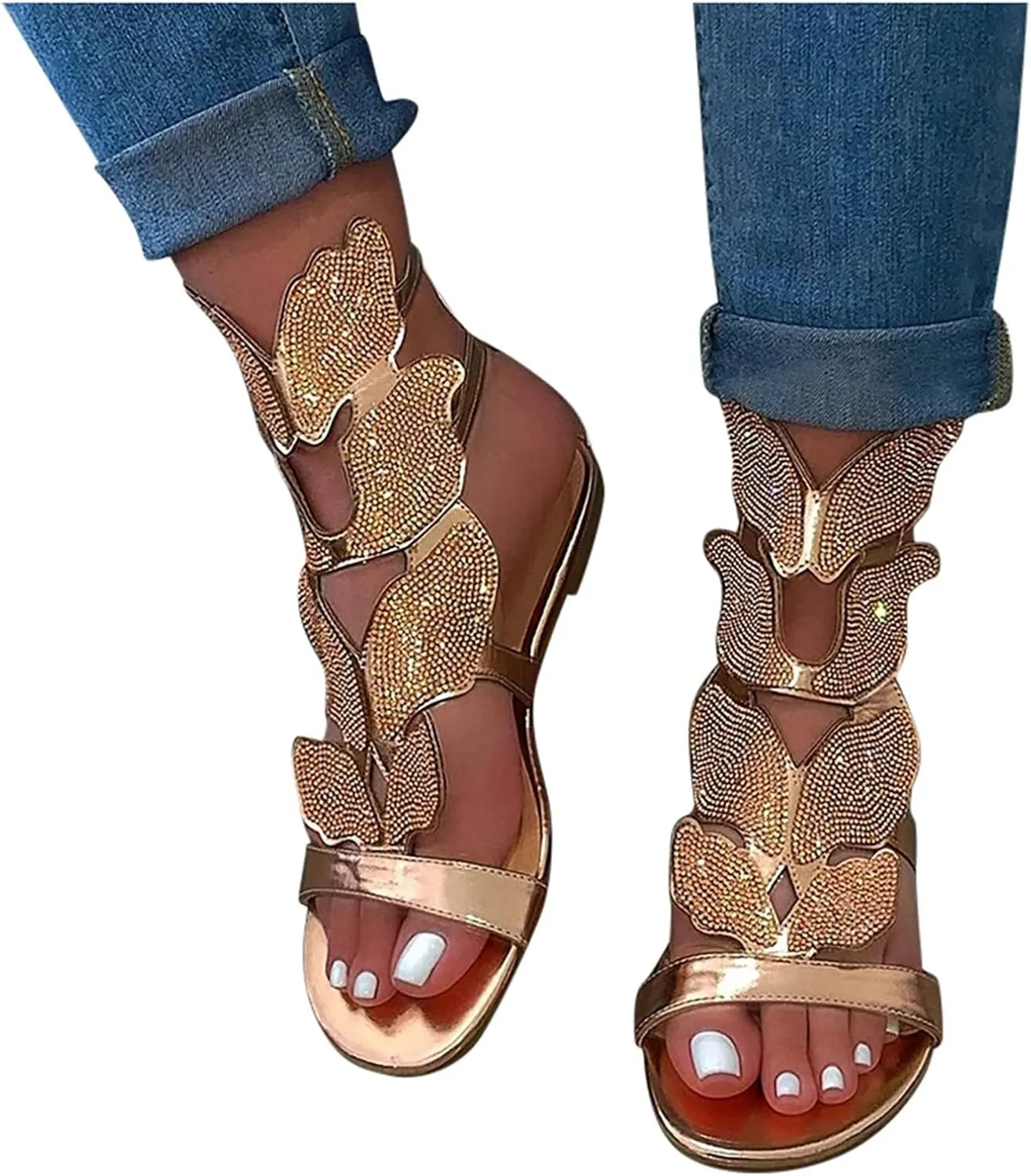 Women's Sandals Summer Crystal Women's Rhinestone Heel Fashion Ladies Casual Toe Low Open Shoes Sandals