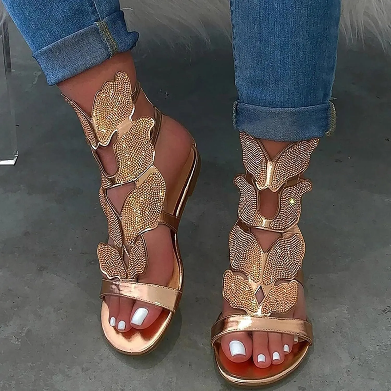 Women's Sandals Summer Crystal Women's Rhinestone Heel Fashion Ladies Casual Toe Low Open Shoes Sandals