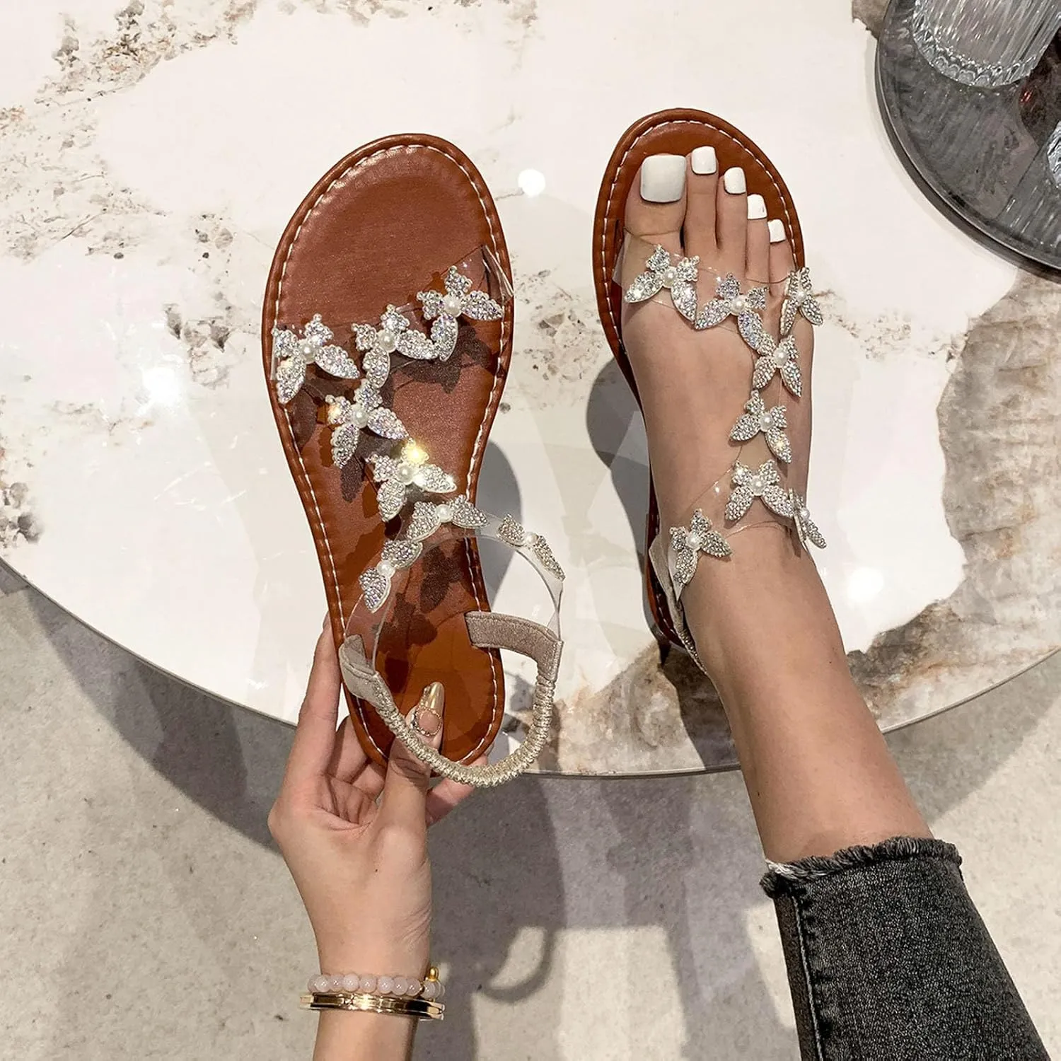 Women's Temperament Sandals Rhinestone Butterfly Sandals Elastic Ankle Strap Yoga Saltwater Women Size 8