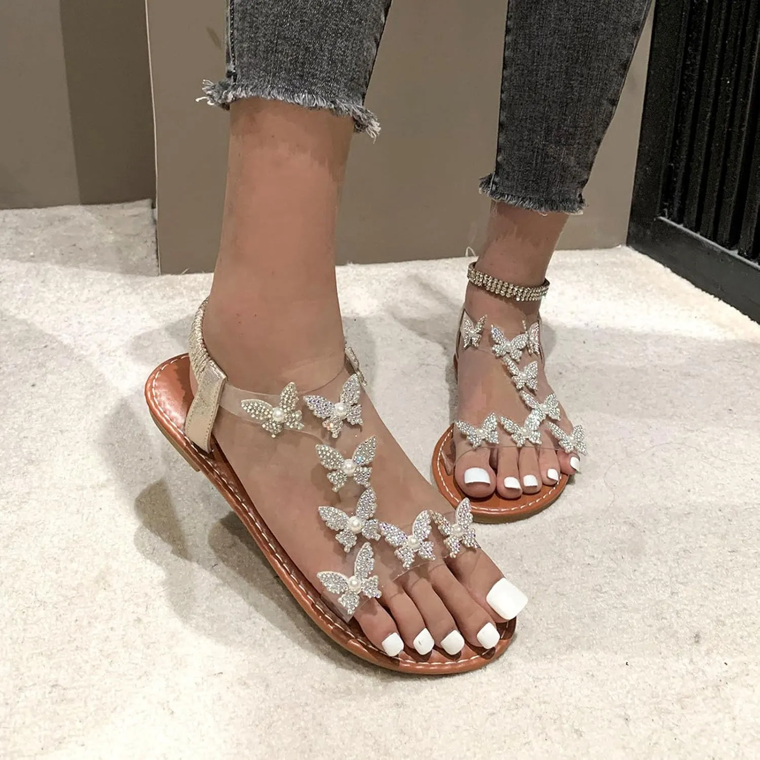 Women's Temperament Sandals Rhinestone Butterfly Sandals Elastic Ankle Strap Yoga Saltwater Women Size 8