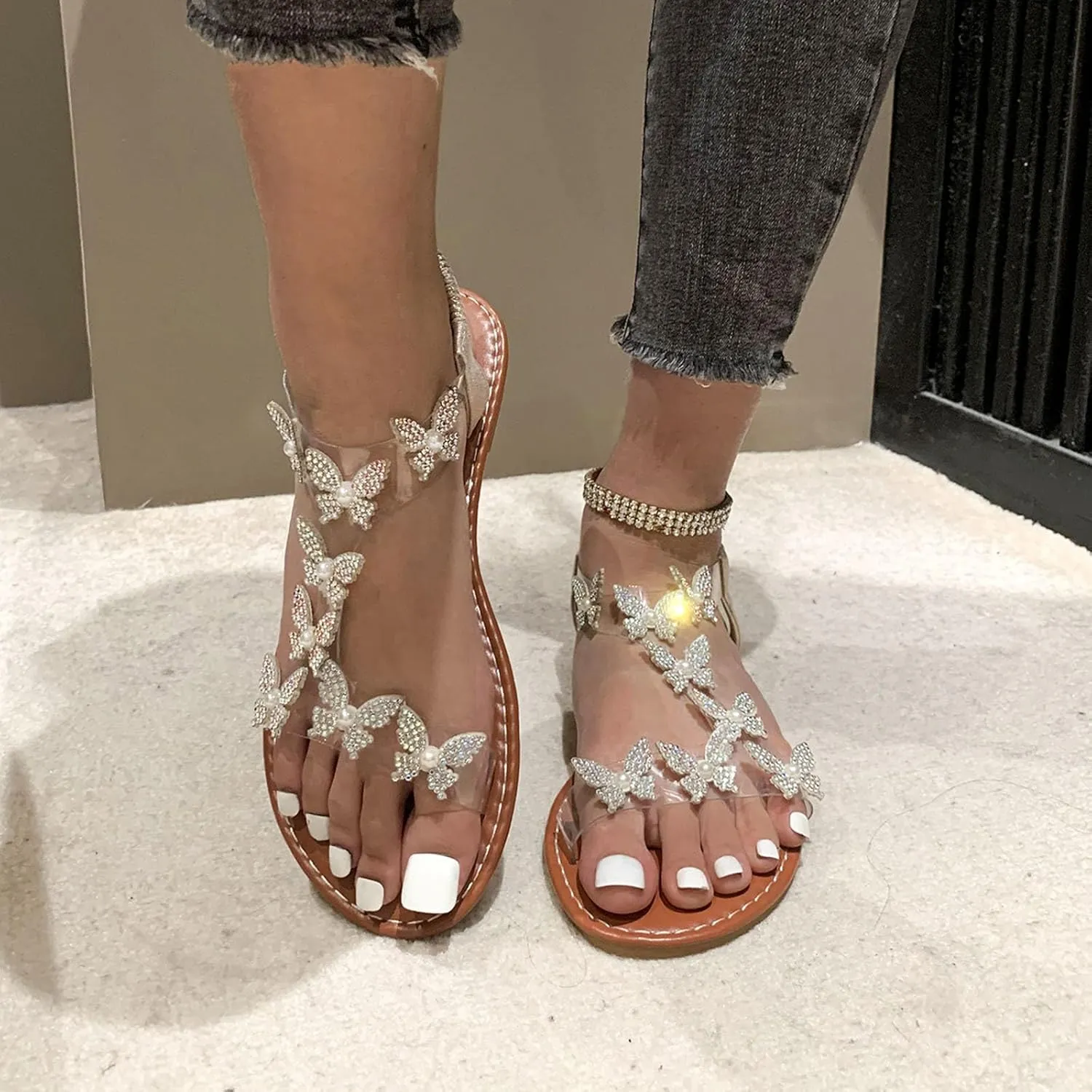 Women's Temperament Sandals Rhinestone Butterfly Sandals Elastic Ankle Strap Yoga Saltwater Women Size 8