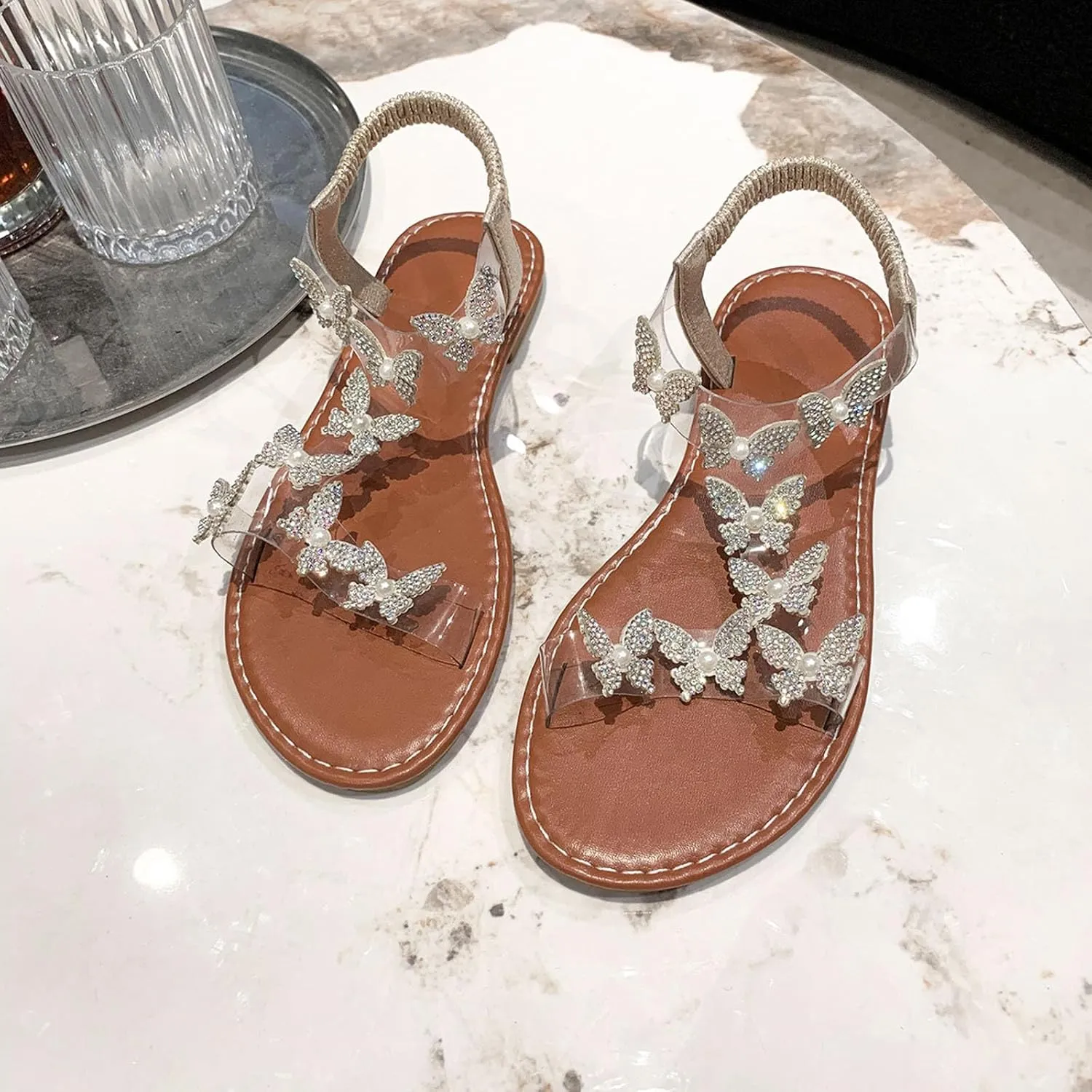 Women's Temperament Sandals Rhinestone Butterfly Sandals Elastic Ankle Strap Yoga Saltwater Women Size 8