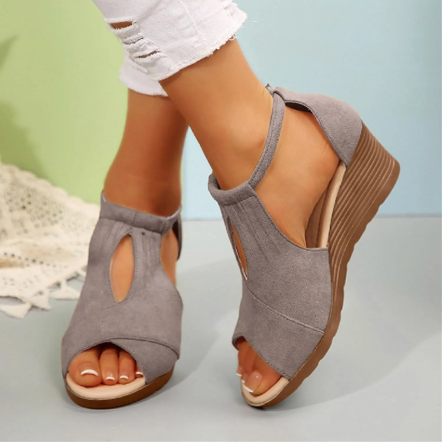Womens Wedge Sandals Summer Ankle Strap Espadrilles Wedges Heels, Fashion Fish Mouth Open Toe Sandals Breathable Cutout T-Strap Sandal with Arch Support