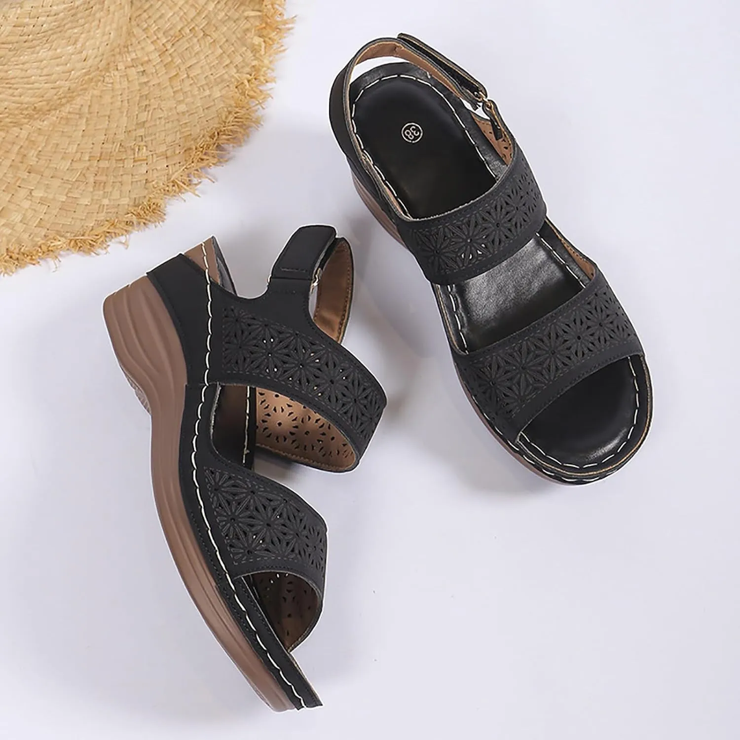 ZSpzx Orthopedic Sandals for Women,2025 Arch Support Wedge Flip Flops Slide Comfortable Open Toe Ankle Strap Summer Walking Hollow Out Outdoor Casual Slip on Beach Plantar Fasciitis Shoes