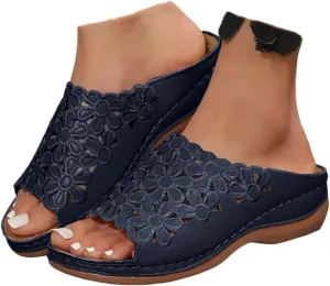 ZSpzx Orthopedic Sandals for Women,2025 Arch Support Wedge Flip Flops Slide Comfortable Open Toe Slip on Flowers Hollow Out On Dressy Summer Travel Work