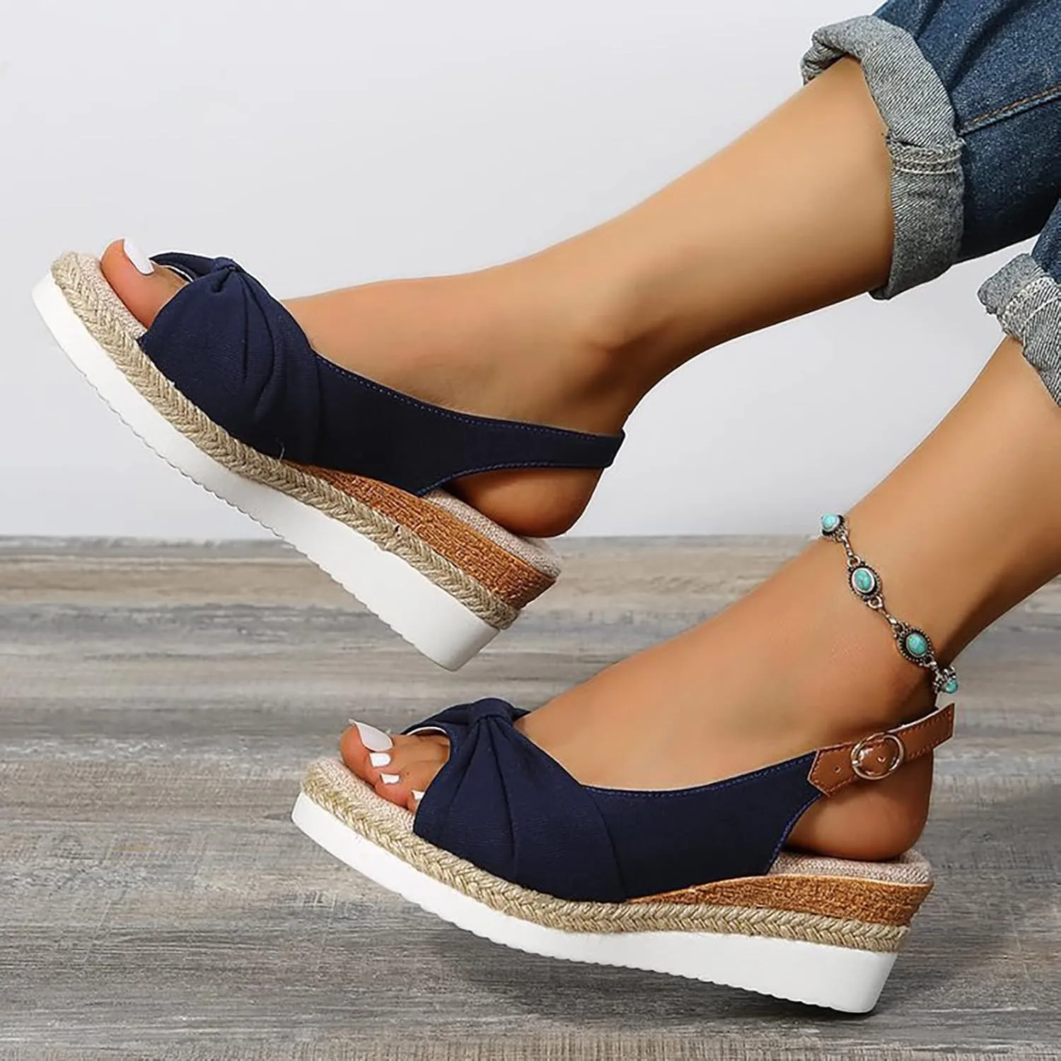 ZSpzx Women's Espadrilles Wedge Platform Sandals Orthopedic for Women 2025 Dressy Summer Comfortable Open Toe Ankle Strap Bow Knot Slip on Beach Shoes for Party Casual Beach Vacation
