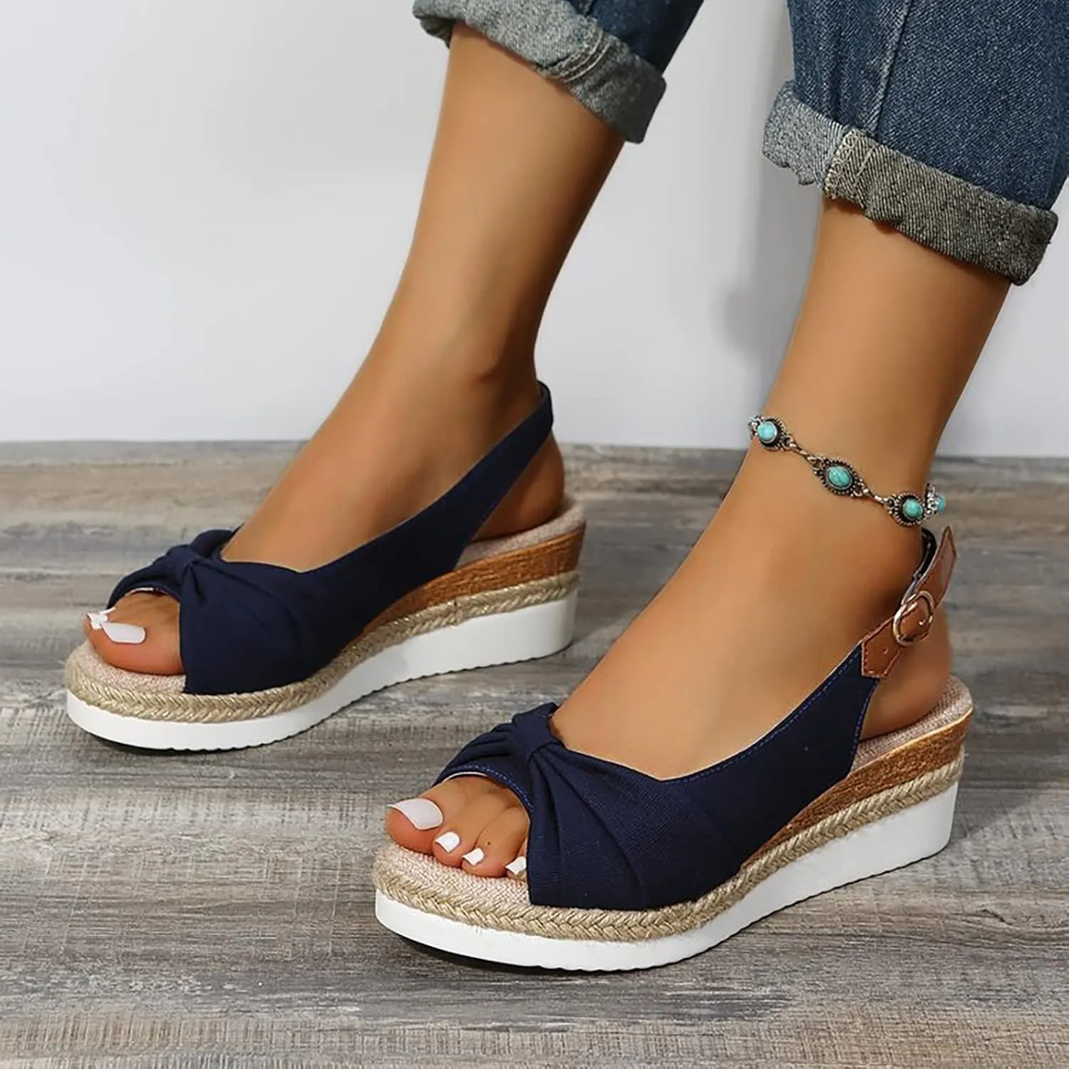 ZSpzx Women's Espadrilles Wedge Platform Sandals Orthopedic for Women 2025 Dressy Summer Comfortable Open Toe Ankle Strap Bow Knot Slip on Beach Shoes for Party Casual Beach Vacation