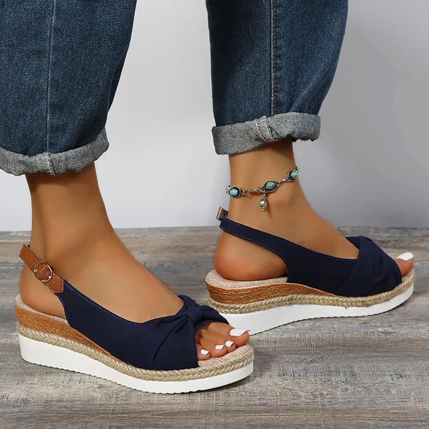 ZSpzx Women's Espadrilles Wedge Platform Sandals Orthopedic for Women 2025 Dressy Summer Comfortable Open Toe Ankle Strap Bow Knot Slip on Beach Shoes for Party Casual Beach Vacation