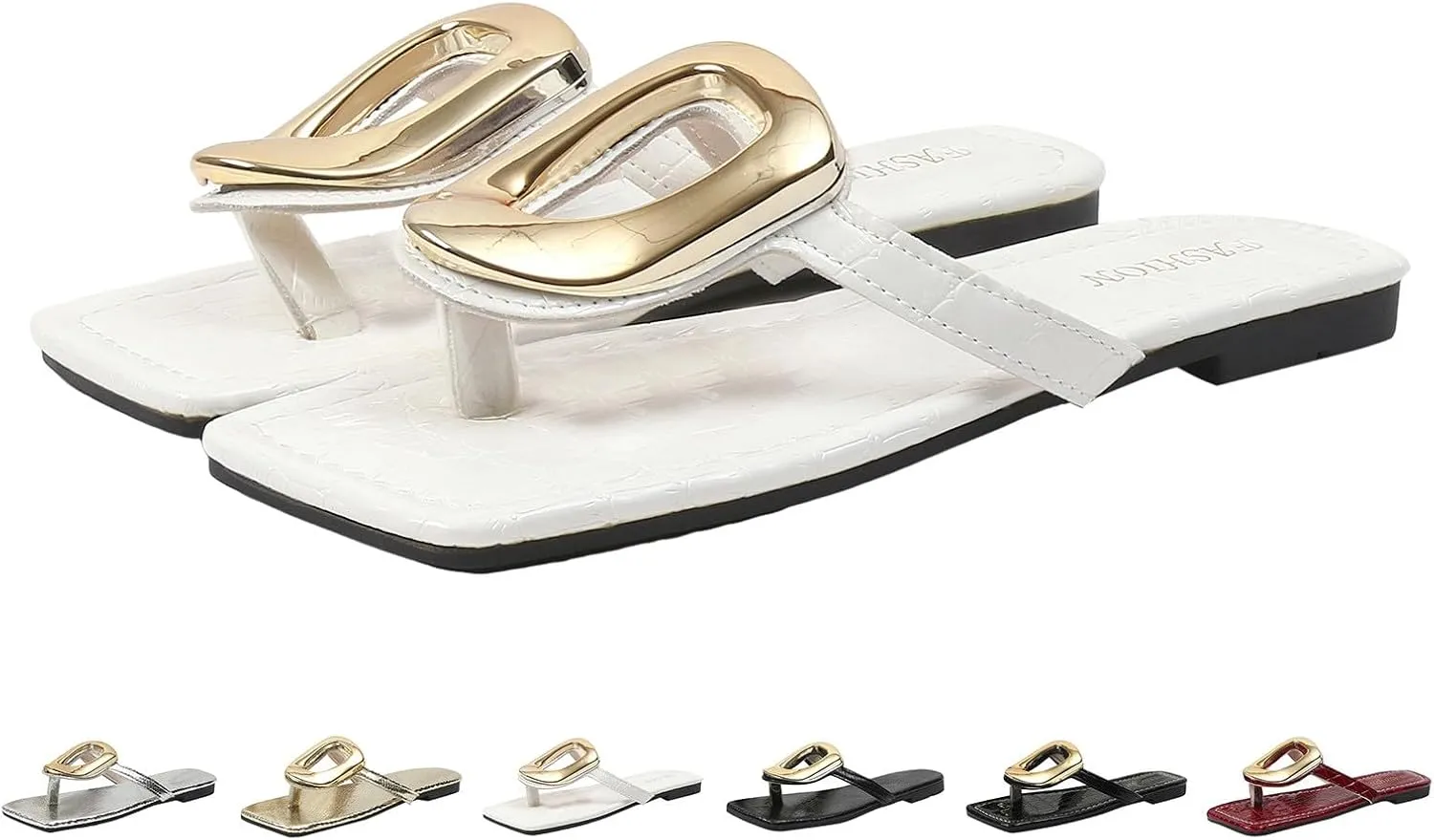 ZSpzx Women's Flat Sandals,Square Open Toe Dressy Summer Sandals for Women 2025 Womens Slipper Slip On Leather Slides Metal Chain Slippers Comfortable Thong Flip Flops Beach Casual Slide Shoes